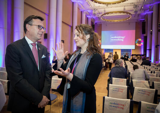 State Secretary Rebekka Borsch from Norway's Ministry of Education and Research with University of Bergen's Rector Dag Rune Olsen at the 2019 SDG Conference Bergen.