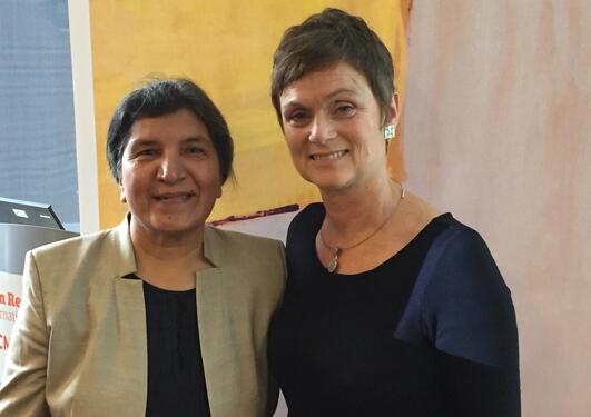 For the fourth year, UiB researcher Siri Gloppen (right) gathered researchers across disciplines for the Bergen Exchanges conference. Here with the opening keynote speaker Rashida Manjoo from the University of Cape Town. Photo: Sver