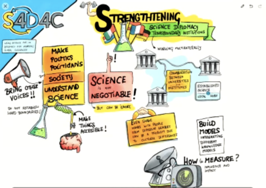The S4D4C plenary on Strengthening Science Diplomacy Transboundary Institutions on Thursday 18 March2021 brilliantly summed up  in this illustration.