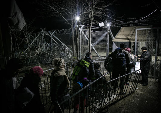 Refugees queuing to enter the frontier with Macedonia, from Greece.