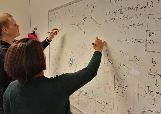 Mathematicians working on a white board with complex algorithms