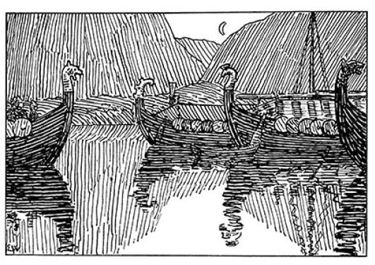 Tre ulike middelaldersituasjoner: manuskript, tegning av vikingskip, bilde av Mariakirken 