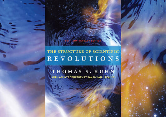 Covert på boken The Structures of Scientific Revolutions av Thomas Kuhn - med deler av coveret forstørret opp og brukt som bakgrunn