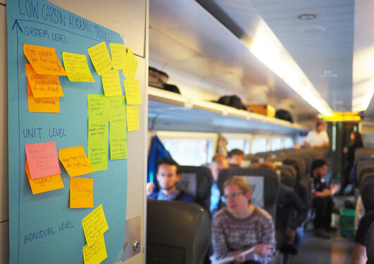 Train carriage with poster and post-it notes