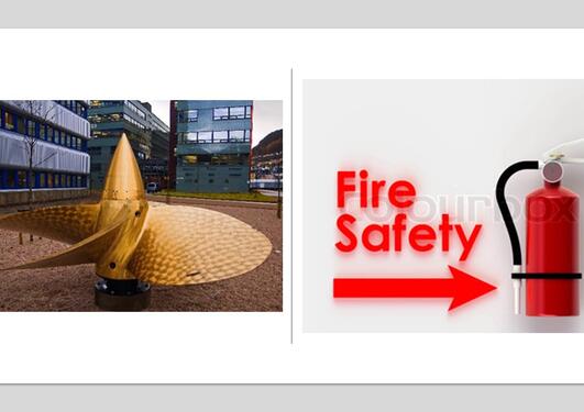 Bildemontasje av to bilder.  Til venstre foto av en ca. 1 meter skipspropell utenfor Høyteknologisenteret, til høyre ordene "Fire safety" med en pil pekende på et branslukkingsapparat.