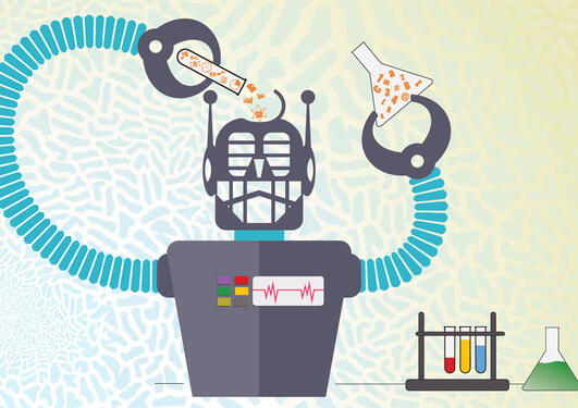 Illustration of a robot putting all sorts of medicine and research in himself for analysis.