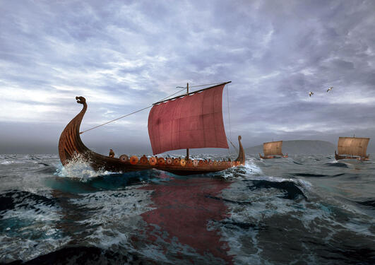 Illustrasjon av vikingskip til sjøs