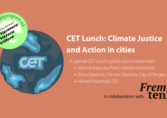 CET logo globe with title of seminar: CET Lunch: climate justice and action in cities