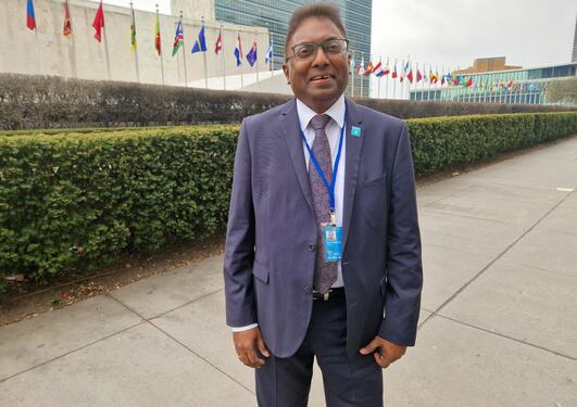 Professor Harsha Ratnaweera from the Norwegian University of Life Sciences outside UN Headquarters in New York during the UN 2023 Water Conference