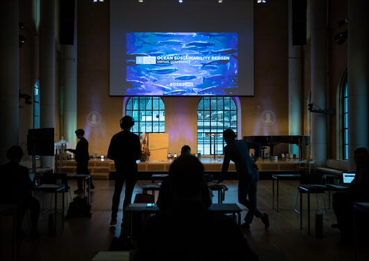 Photo from the 2020 Ocean Sustainability Bergen Conference, broadcast live from the University Aula in Bergen.