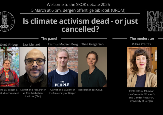 Poster for the SKOK debate 2026 with pictures and titles for the panelists and the moderator