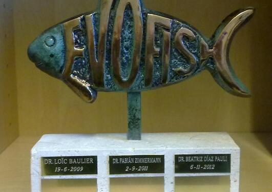 EvoFish trophy, with the names of PhDs from EvoFish (as of end 2012)