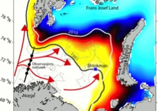 Mer atlantisk varme gir mindre sjøis, her eksemplifisert ved Barentshavet....