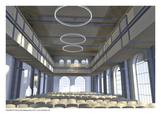 Arkitektenes illustrasjon av hvordan aulaen kan se ut.